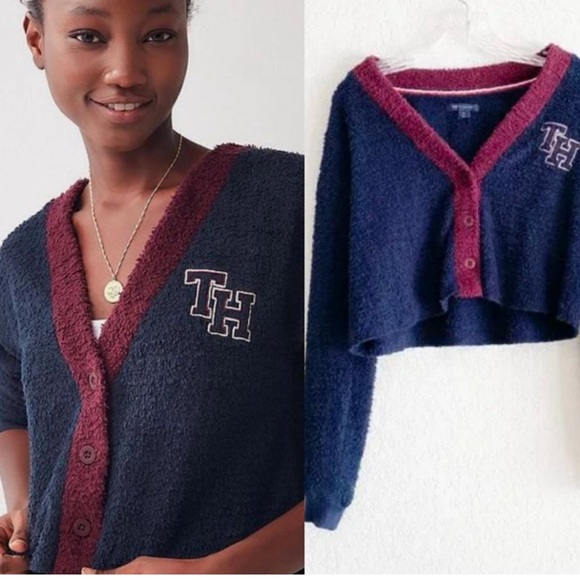 Tommy Hilfiger Sweaters - Tommy Hilfiger x urban outfitters plush cardigan in navy and burgundy small